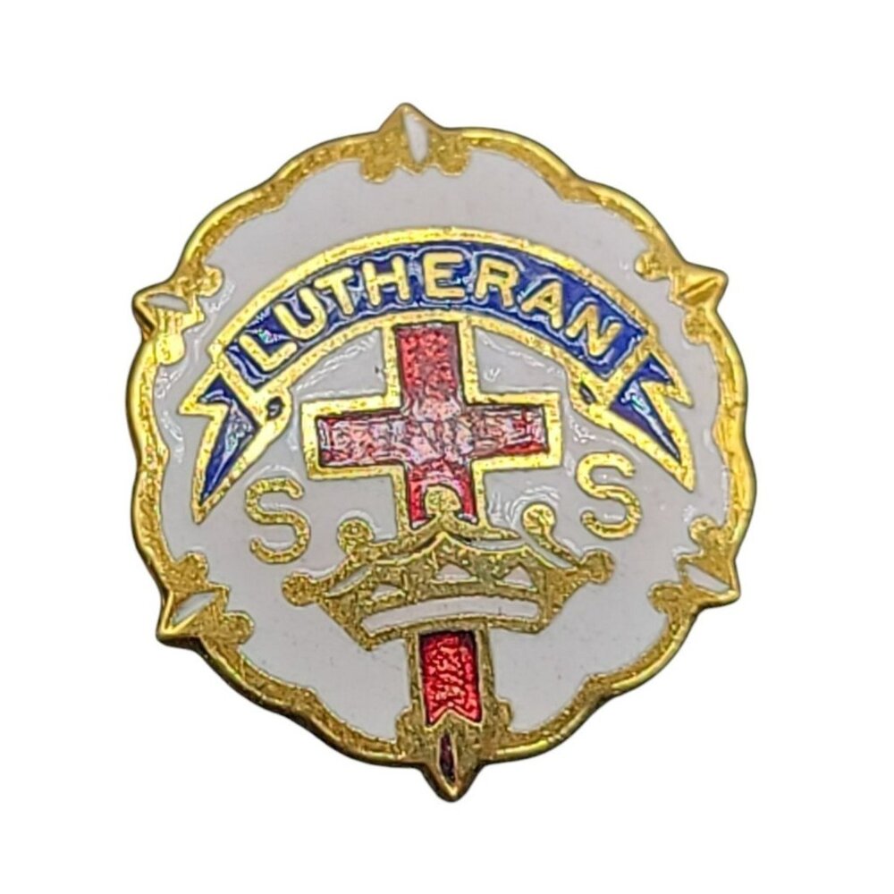 Enameled Lutheran Sunday School Pin Cross & Crown by Uncas Gold Tone Base